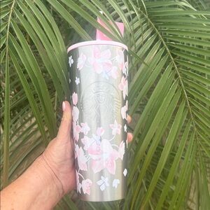 Starbucks Silver Tumbler with Pink Cherry Blossom Design